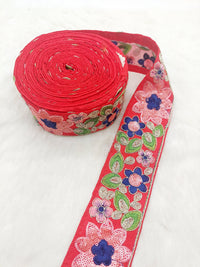 Thumbnail for Red Silk Fabric Embroidered Trim, Floral Embroidery Indian Sari Border Trim By Yard Decorative Trim Craft Lace, Sequins Trim