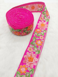 Thumbnail for Fuchsia Pink Silk Fabric Embroidered Trim, Floral Embroidery Indian Sari Border Trim By Yard Decorative Trim Craft Lace, Sequins Trim