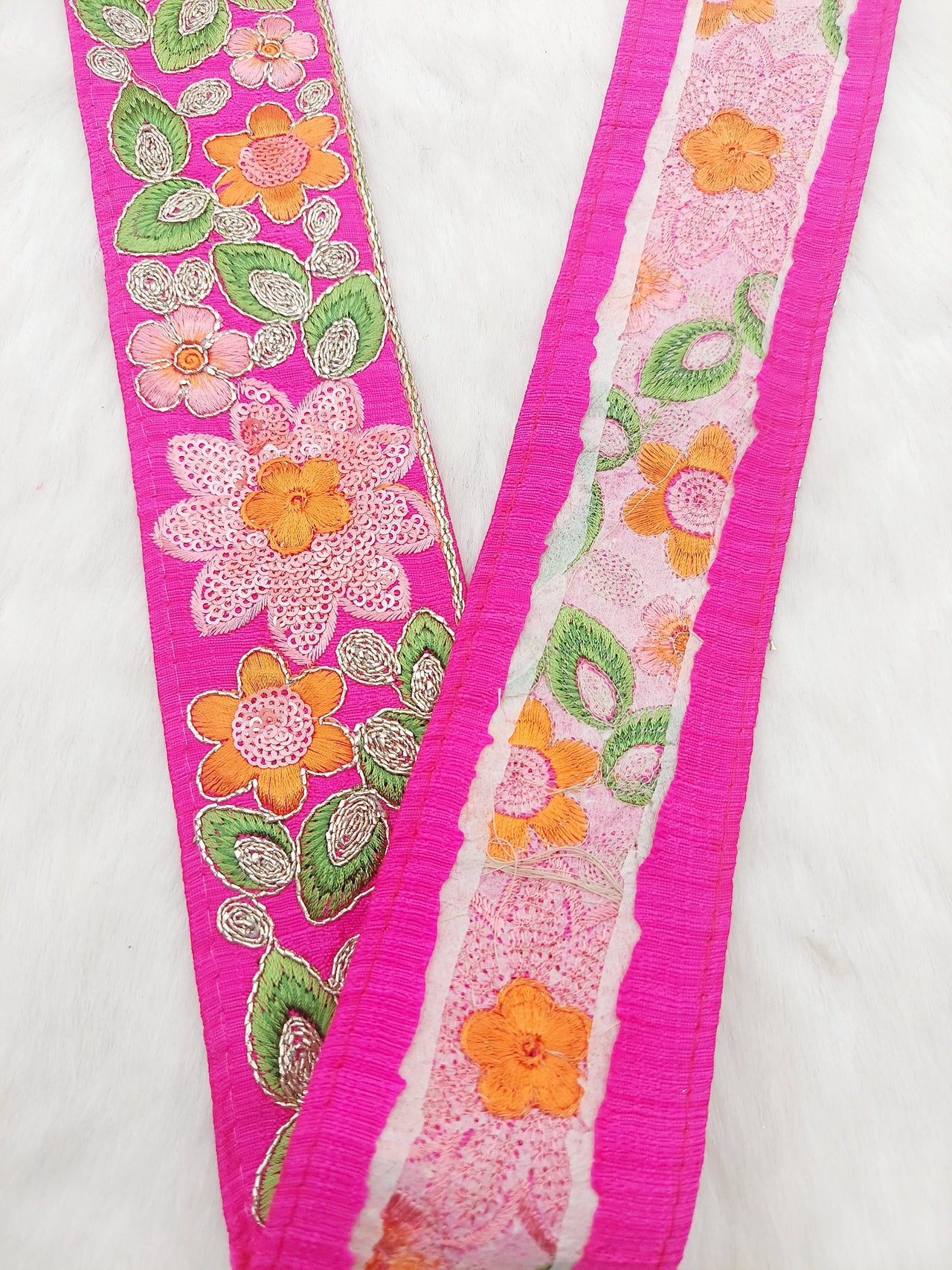 Fuchsia Pink Silk Fabric Embroidered Trim, Floral Embroidery Indian Sari Border Trim By Yard Decorative Trim Craft Lace, Sequins Trim