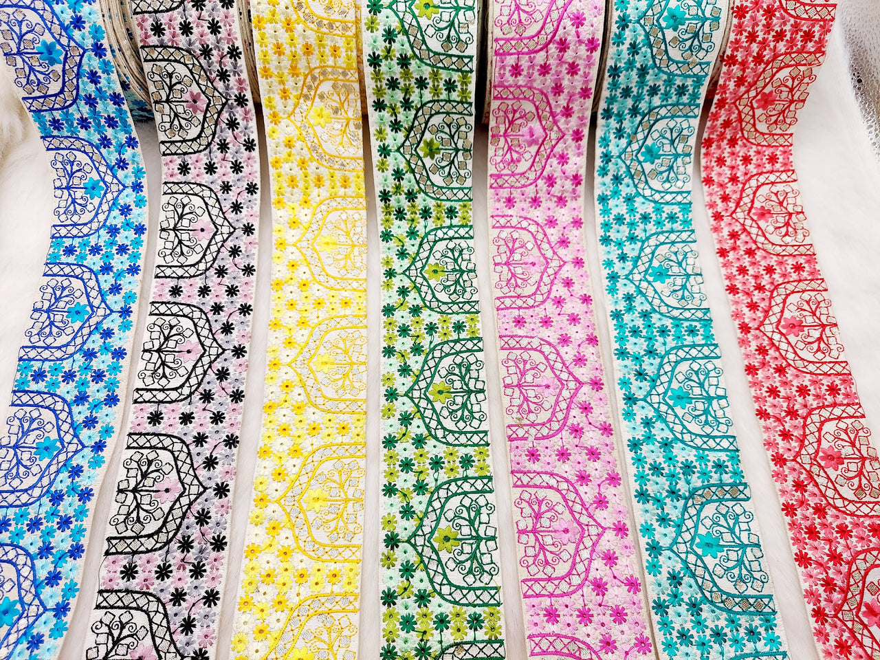 Beige Art Silk Fabric Trim Border with Floral Embroidery and Silver Indian Foil Work, Decorative Trimming, Crafting Lace