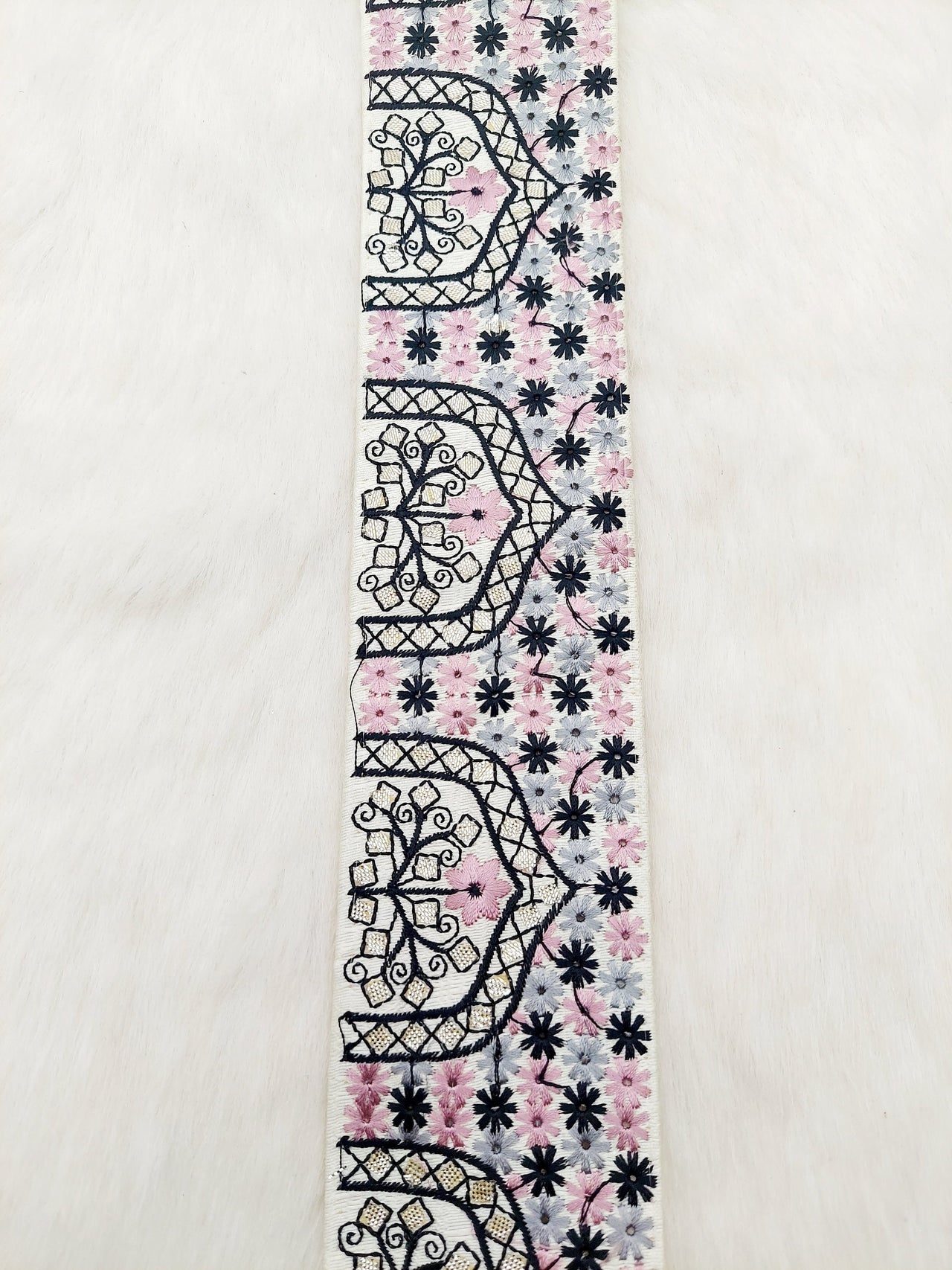 Beige Art Silk Fabric Trim Border with Floral Embroidery and Silver Indian Foil Work, Decorative Trimming, Crafting Lace