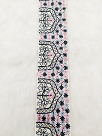 Thumbnail for Beige Art Silk Fabric Trim Border with Floral Embroidery and Silver Indian Foil Work, Decorative Trimming, Crafting Lace
