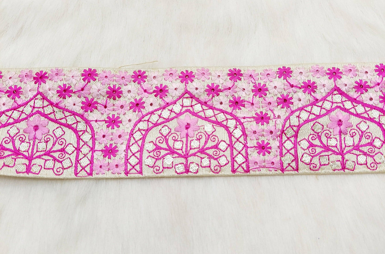 Beige Art Silk Fabric Trim Border with Floral Embroidery and Silver Indian Foil Work, Decorative Trimming, Crafting Lace