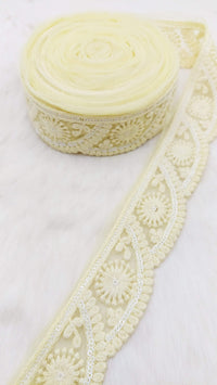 Thumbnail for Scallop Net Fabric Lace Trim Floral Embroidery and White Sequins, Floral Sari Border, Decorative Trim