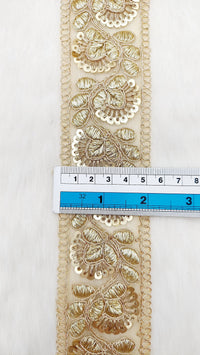 Thumbnail for Gold Sequins Trim 2 Yards Decorative Floral Embroidered Lace Sari Border Costume Ribbon Crafting