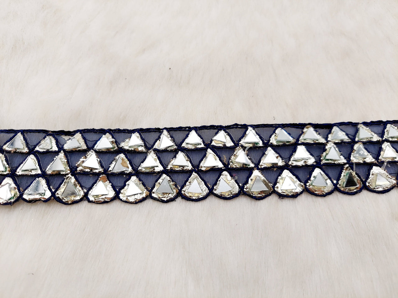 Navy Blue Lace Trim with Silver Gota (Indian Foil Work) and Real Mirror, Decorative Trim Costume Trim Fashion Trim By Yard