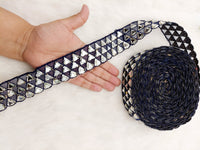 Thumbnail for Navy Blue Lace Trim with Silver Gota (Indian Foil Work) and Real Mirror, Decorative Trim Costume Trim Fashion Trim By Yard