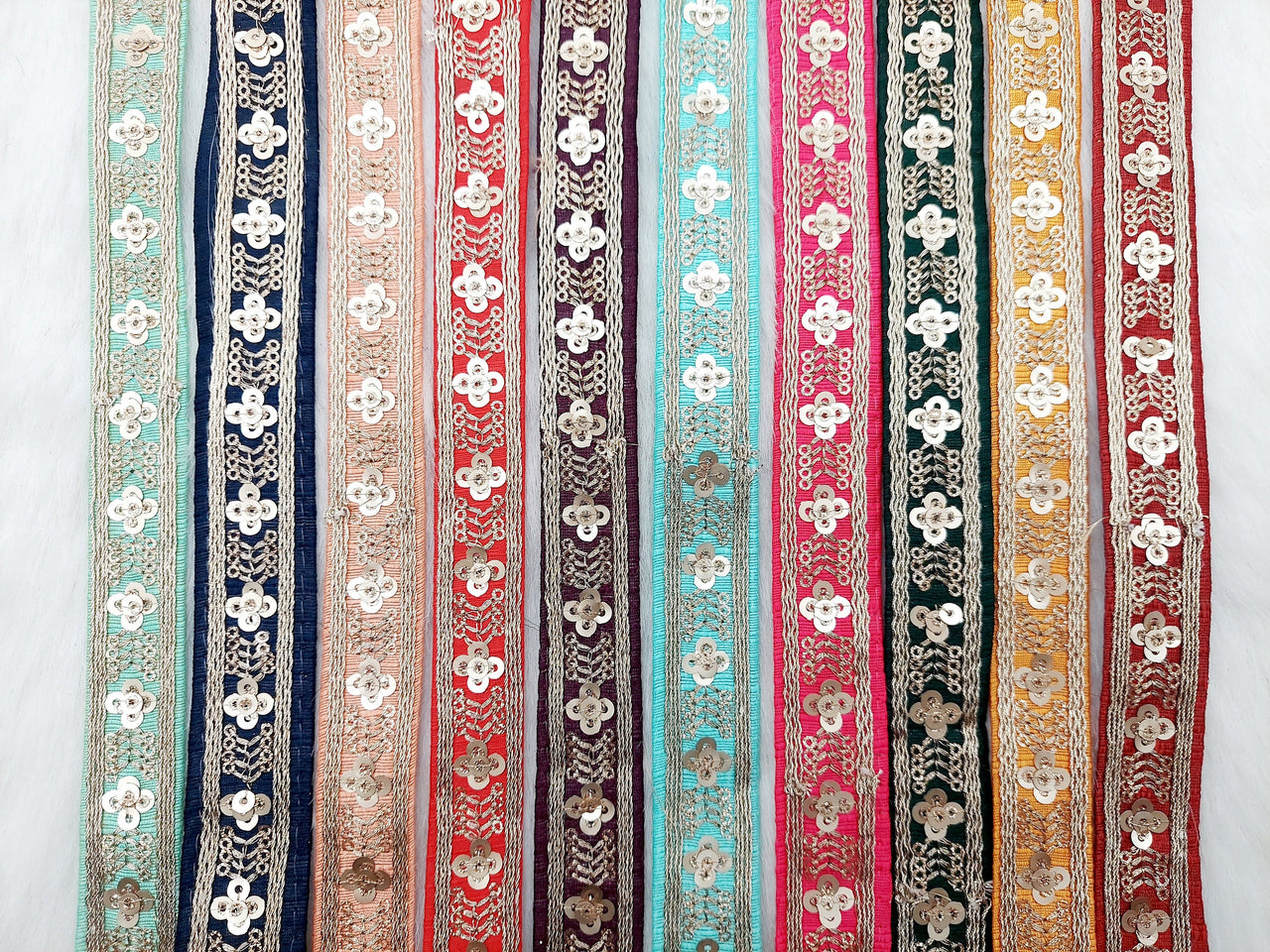 Art Silk Trim with Gold Embroidery and Sequins Indian Sari Border Trim By 3 Yards Decorative Trim Craft Lace, 10 Colours