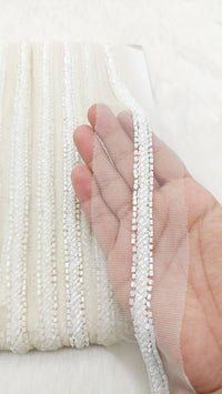 Thumbnail for Net Lace In Beaded Embroidery, Hand Embroidered Bead Lace, Beaded Wedding Lace