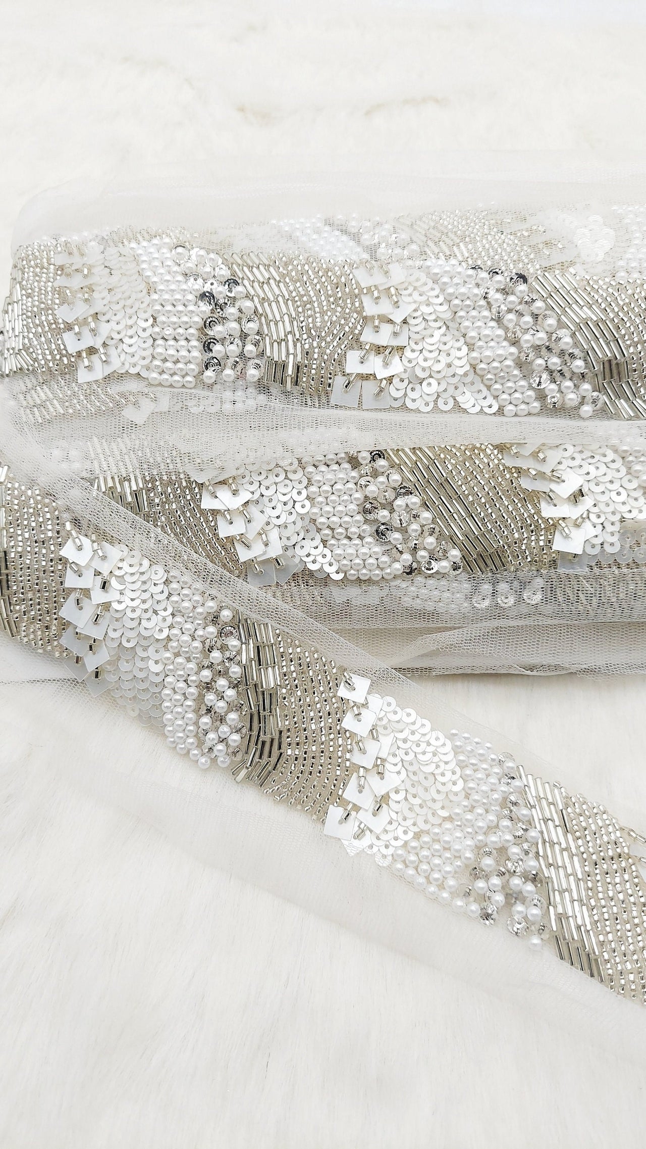 Hand Embroidered White Net Lace With White Sequins and Beads and Pearls, Exclusive Laces, Sequinned Trimming