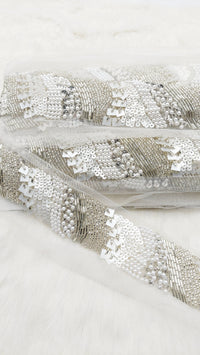 Thumbnail for Hand Embroidered White Net Lace With White Sequins and Beads and Pearls, Exclusive Laces, Sequinned Trimming