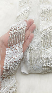 Thumbnail for Hand Embroidered White Net Lace With White Sequins and Beads and Pearls, Exclusive Laces, Sequinned Trimming