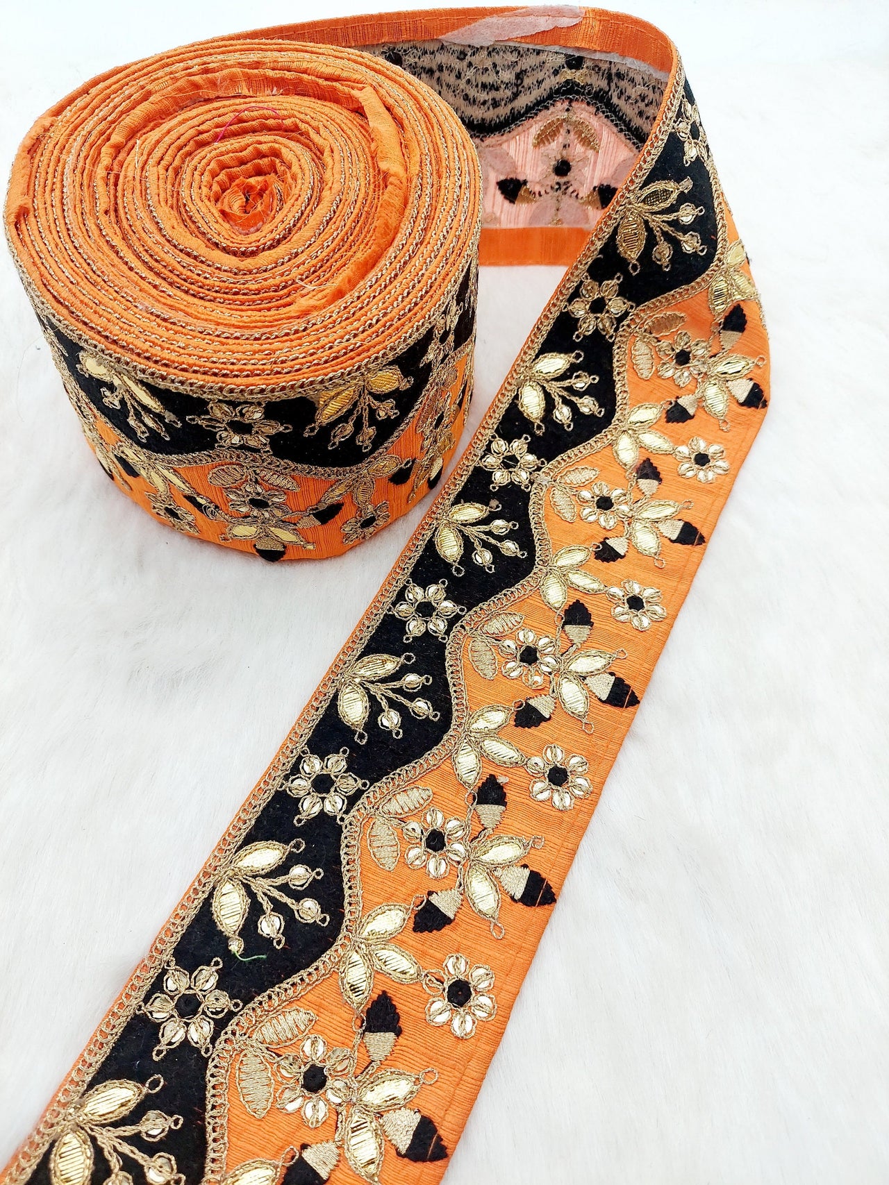 Silk Fabric Trim, Floral Embroidery Gold Gota Patti Indian Sari Border Trim By Yard Decorative Trim Craft Lace