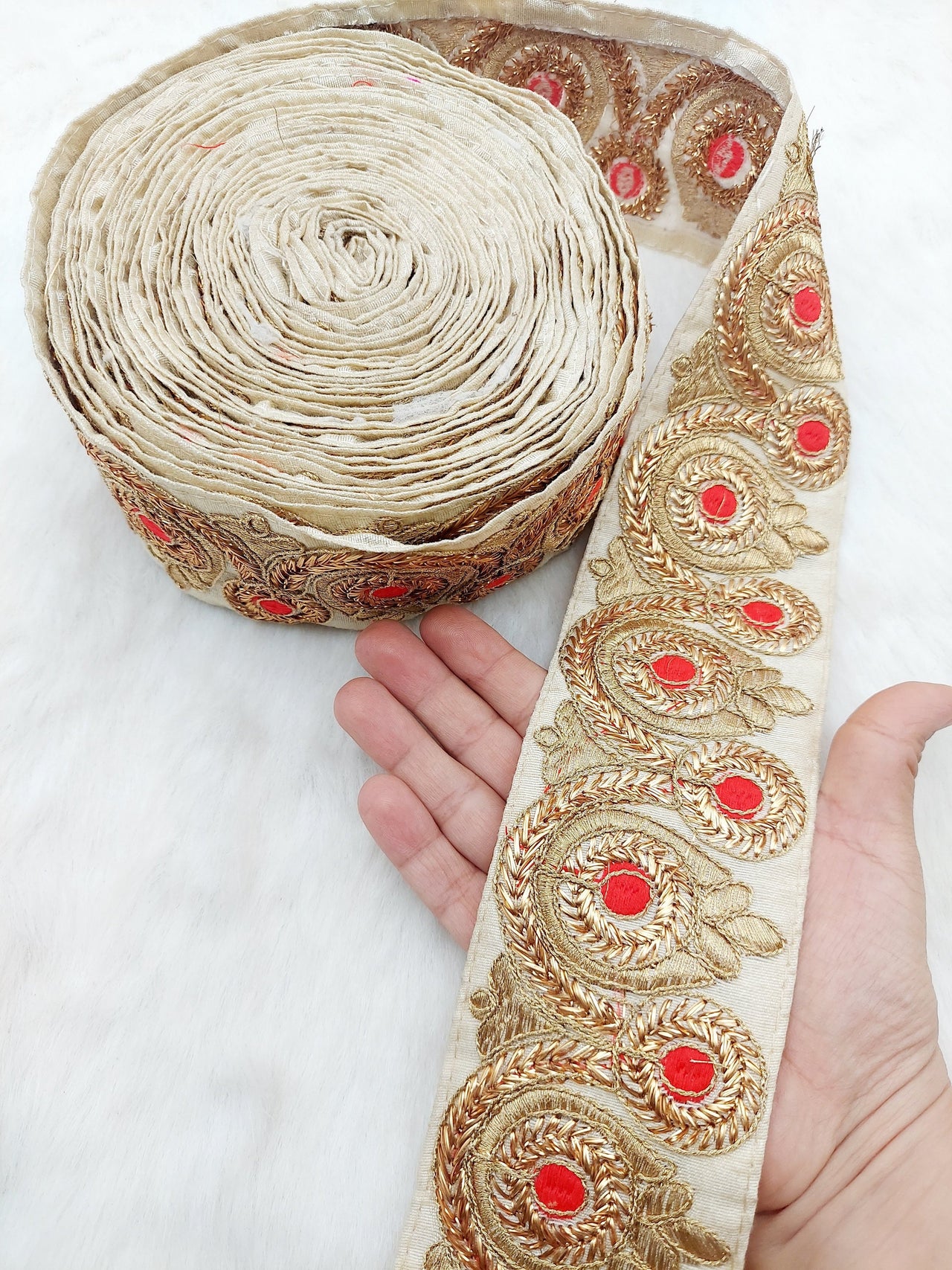 Beige Silk Fabric Trim, Gold Floral Embroidery Indian Sari Border Trim By Yard Decorative Trim Craft Lace