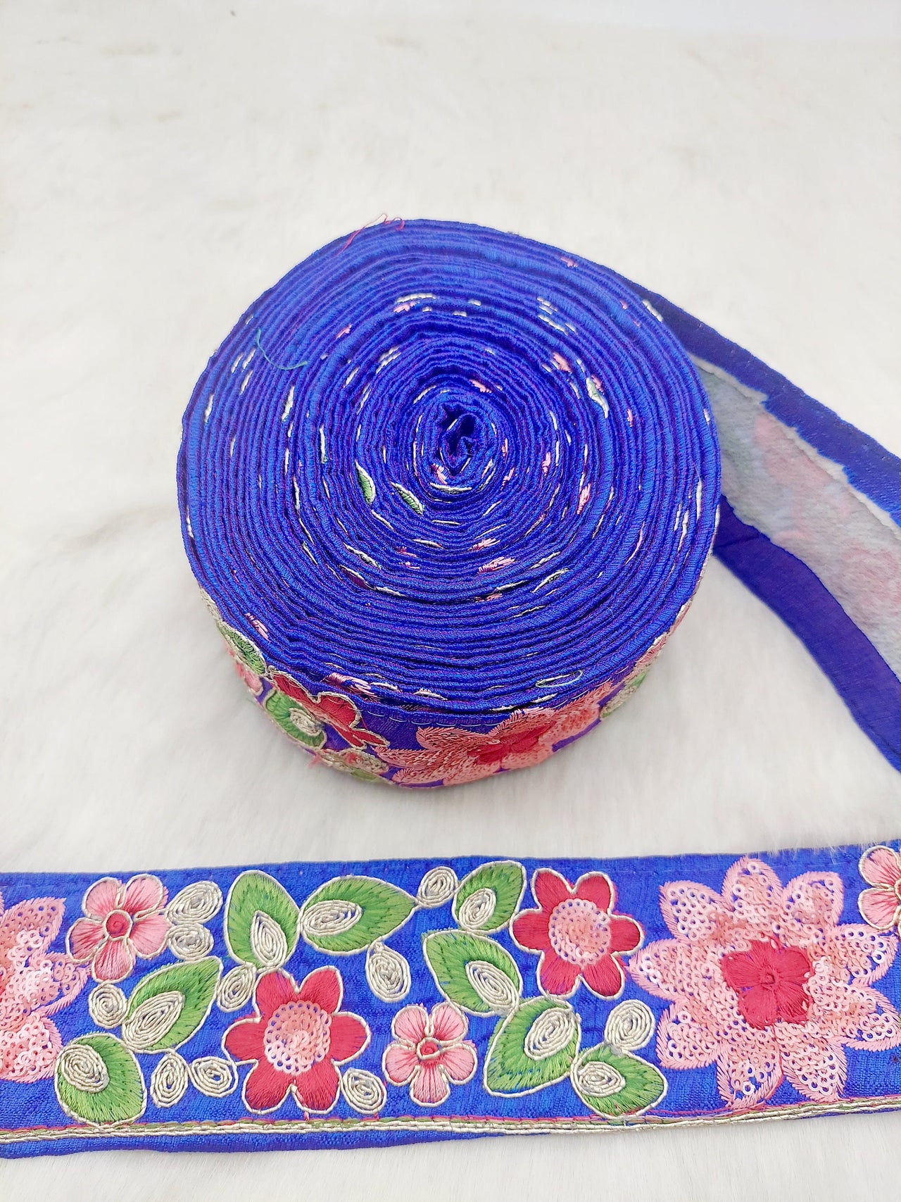 Blue Silk Fabric Embroidered Trim, Floral Embroidery Indian Sari Border Trim By Yard Decorative Trim Craft Lace, Sequins Trim