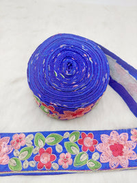 Thumbnail for Blue Silk Fabric Embroidered Trim, Floral Embroidery Indian Sari Border Trim By Yard Decorative Trim Craft Lace, Sequins Trim