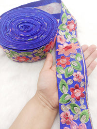 Thumbnail for Blue Silk Fabric Embroidered Trim, Floral Embroidery Indian Sari Border Trim By Yard Decorative Trim Craft Lace, Sequins Trim