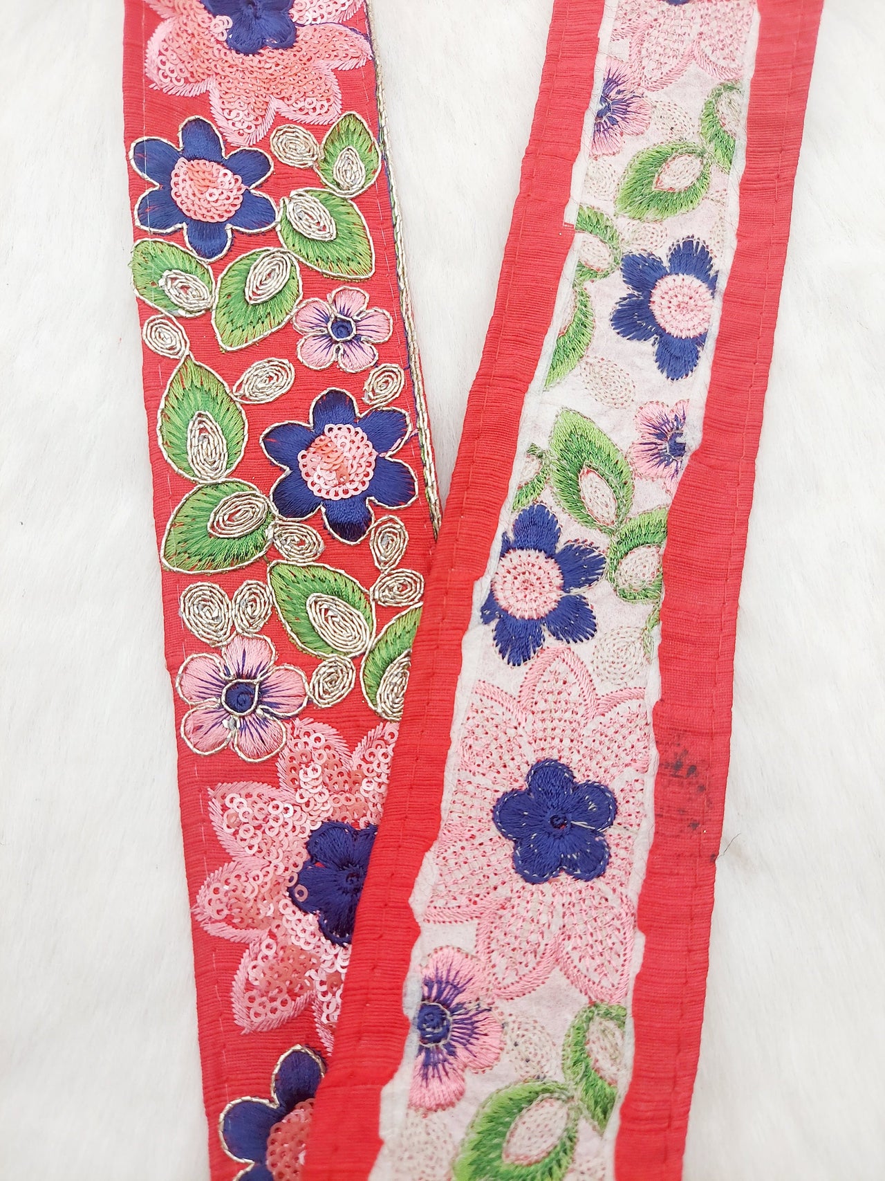 Red Silk Fabric Embroidered Trim, Floral Embroidery Indian Sari Border Trim By Yard Decorative Trim Craft Lace, Sequins Trim