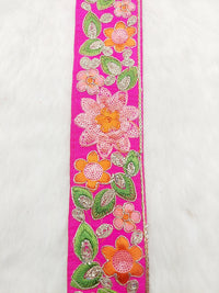 Thumbnail for Fuchsia Pink Silk Fabric Embroidered Trim, Floral Embroidery Indian Sari Border Trim By Yard Decorative Trim Craft Lace, Sequins Trim