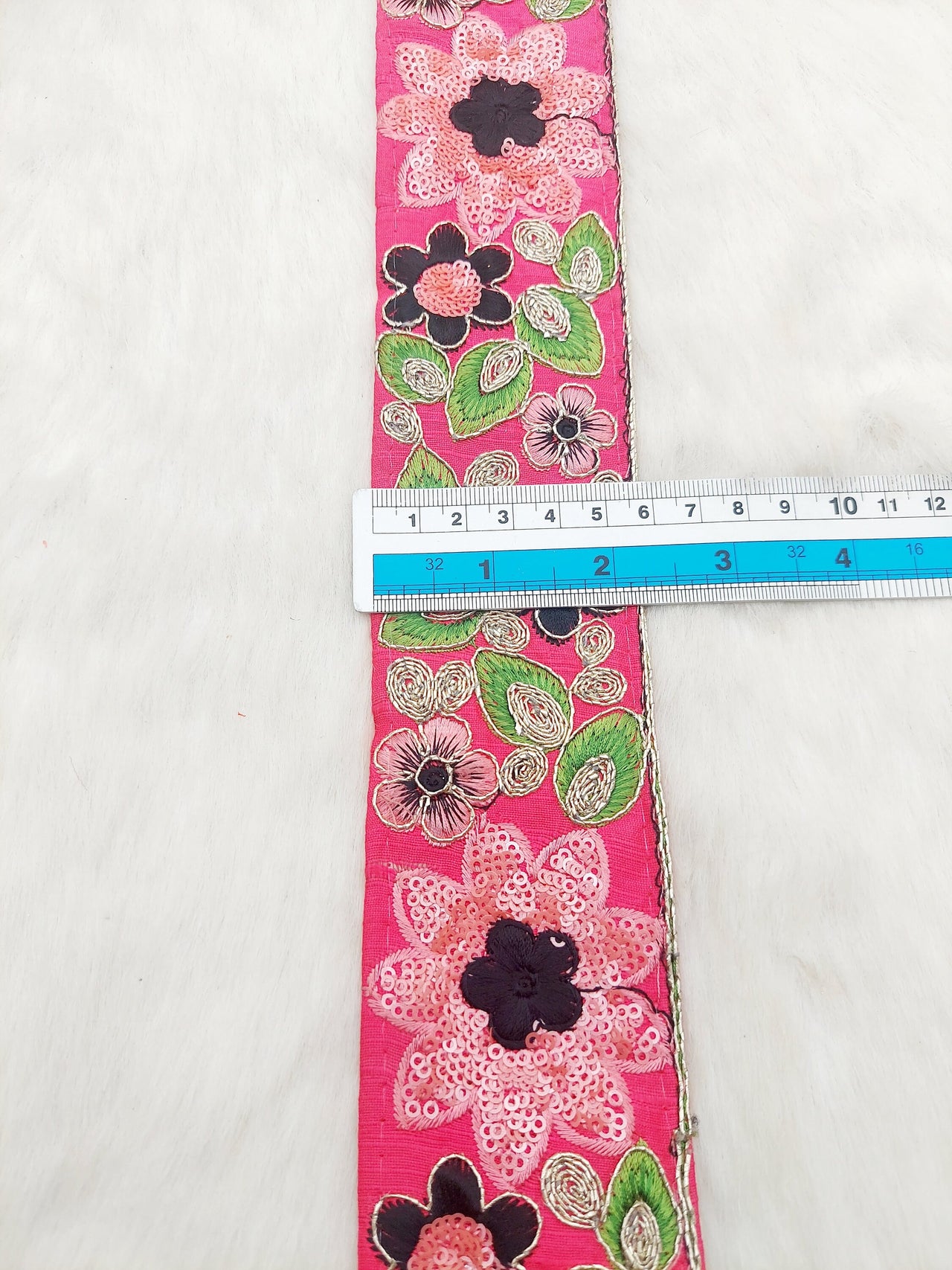 Cerise Pink Silk Fabric Embroidered Trim, Floral Embroidery Indian Sari Border Trim By Yard Decorative Trim Craft Lace, Sequins Trim