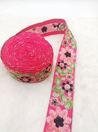 Thumbnail for Cerise Pink Silk Fabric Embroidered Trim, Floral Embroidery Indian Sari Border Trim By Yard Decorative Trim Craft Lace, Sequins Trim