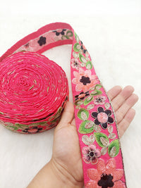 Thumbnail for Cerise Pink Silk Fabric Embroidered Trim, Floral Embroidery Indian Sari Border Trim By Yard Decorative Trim Craft Lace, Sequins Trim
