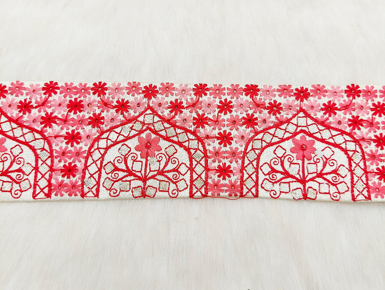 Beige Art Silk Fabric Trim Border with Floral Embroidery and Silver Indian Foil Work, Decorative Trimming, Crafting Lace