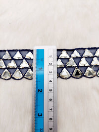 Thumbnail for Navy Blue Lace Trim with Silver Gota (Indian Foil Work) and Real Mirror, Decorative Trim Costume Trim Fashion Trim By Yard
