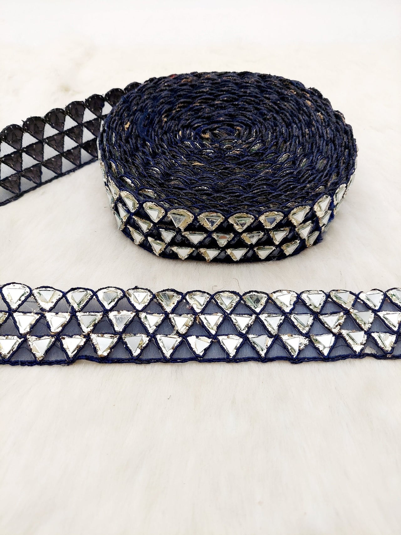 Navy Blue Lace Trim with Silver Gota (Indian Foil Work) and Real Mirror, Decorative Trim Costume Trim Fashion Trim By Yard