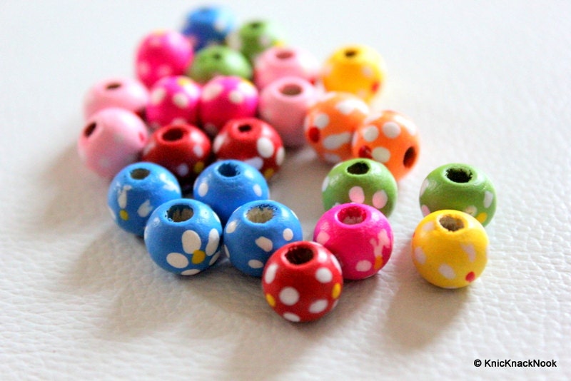 20 x Multicolor Wood Beads with Handpainted Flowers 10mmx9mm