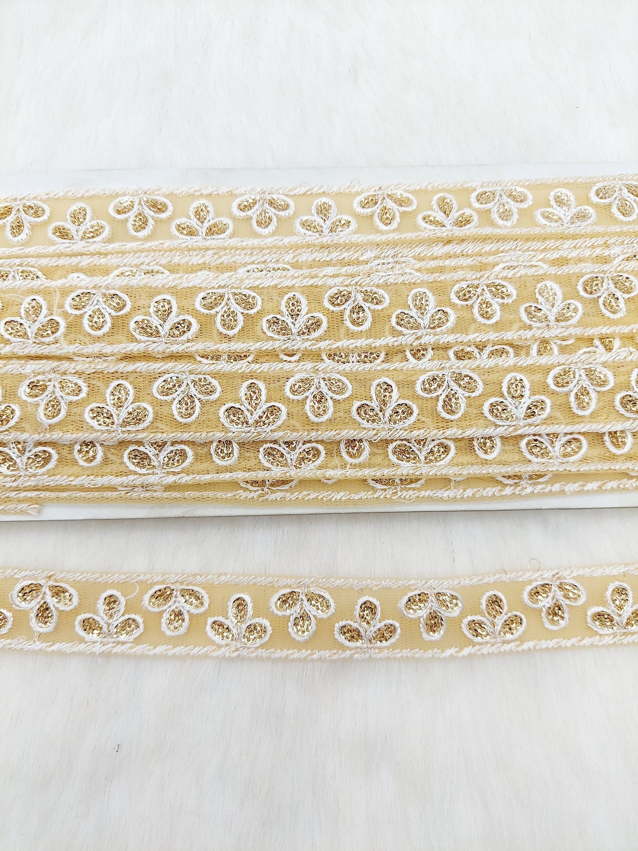 Wholesale Beige Net Lace Trim Floral Embroidery & Glitter Gold Sequins, Indian Wedding Border, Gifting Ribbon Costume Trim Fashion Trimming