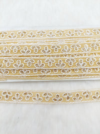 Thumbnail for Wholesale Beige Net Lace Trim Floral Embroidery & Glitter Gold Sequins, Indian Wedding Border, Gifting Ribbon Costume Trim Fashion Trimming
