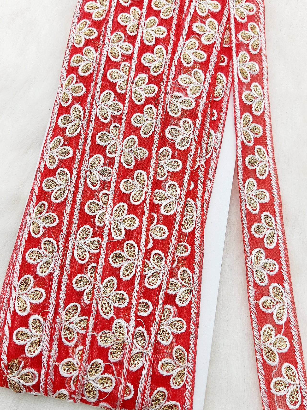 Wholesale Red Net Lace Floral Embroidery & Glitter Gold Sequins, Indian Wedding Border, Gifting Ribbon Costume Trim Fashion Trimming