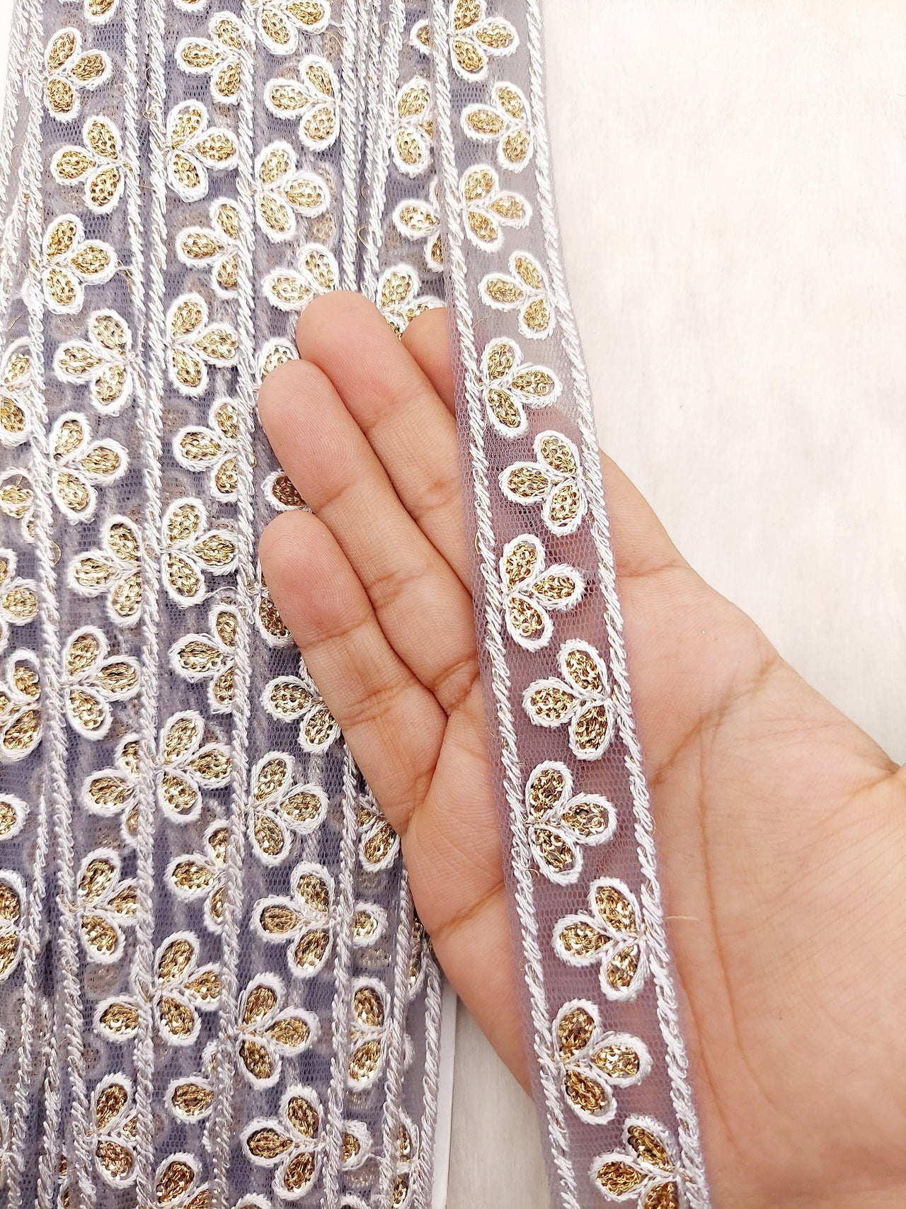 Wholesale Grey Net Lace Floral Embroidery & Glitter Gold Sequins, Indian Wedding Border, Gifting Ribbon Costume Trim Fashion Trimming