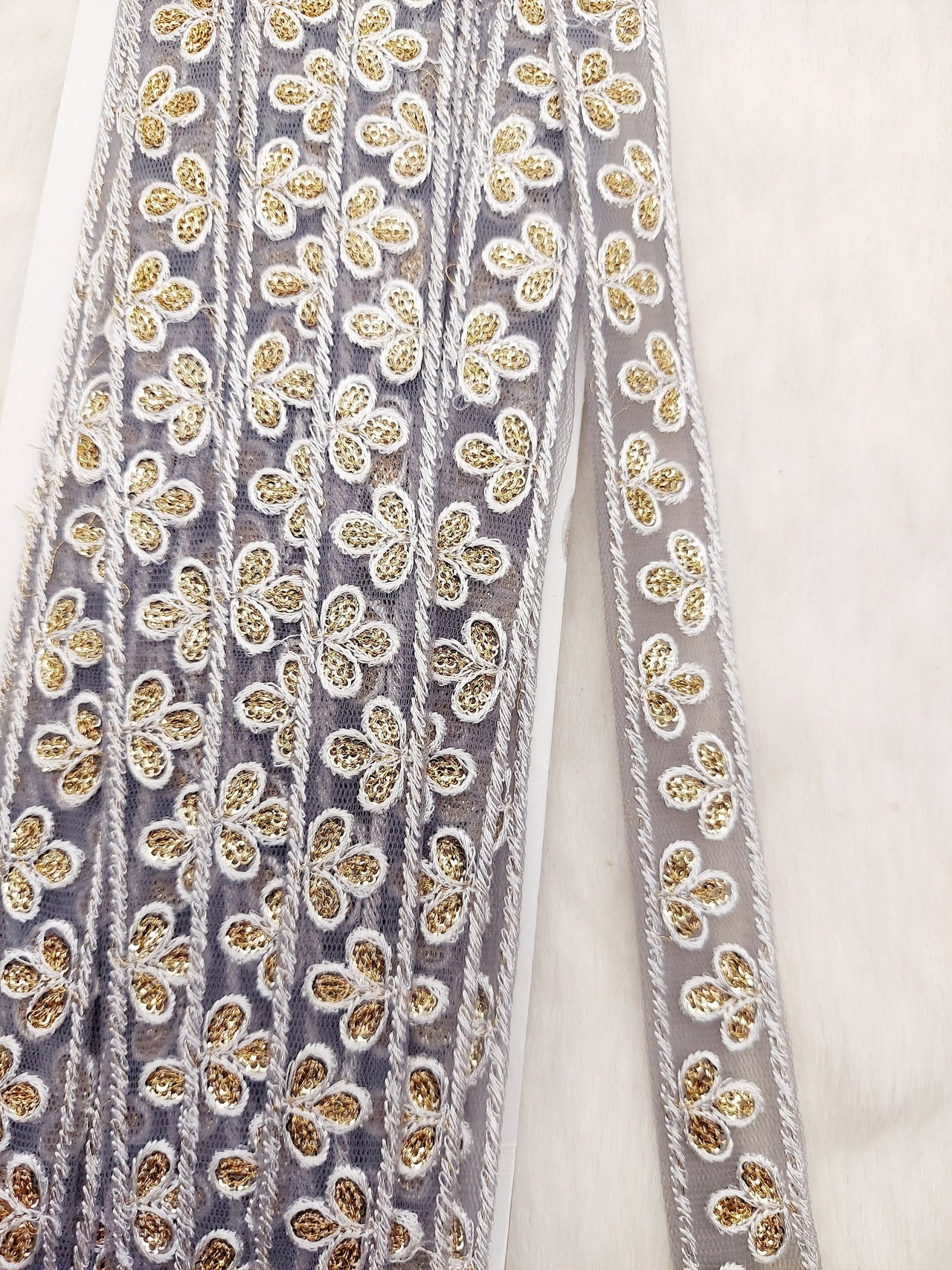 Wholesale Grey Net Lace Floral Embroidery & Glitter Gold Sequins, Indian Wedding Border, Gifting Ribbon Costume Trim Fashion Trimming