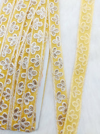 Thumbnail for Wholesale Yellow Net Lace Floral Embroidery & Glitter Gold Sequins, Indian Wedding Border, Gifting Ribbon Costume Trim Fashion Trimming