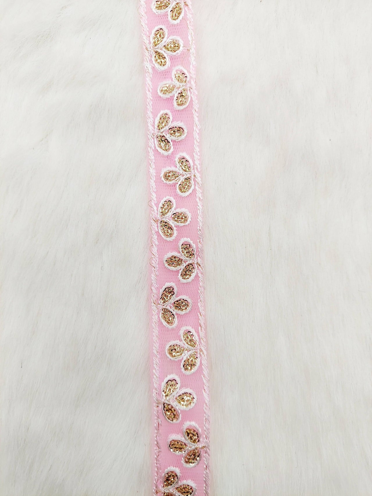 Wholesale Pink Net Lace Floral Embroidery & Glitter Gold Sequins, Indian Wedding Border, Gifting Ribbon Costume Trim Fashion Trimming