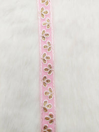 Thumbnail for Wholesale Pink Net Lace Floral Embroidery & Glitter Gold Sequins, Indian Wedding Border, Gifting Ribbon Costume Trim Fashion Trimming