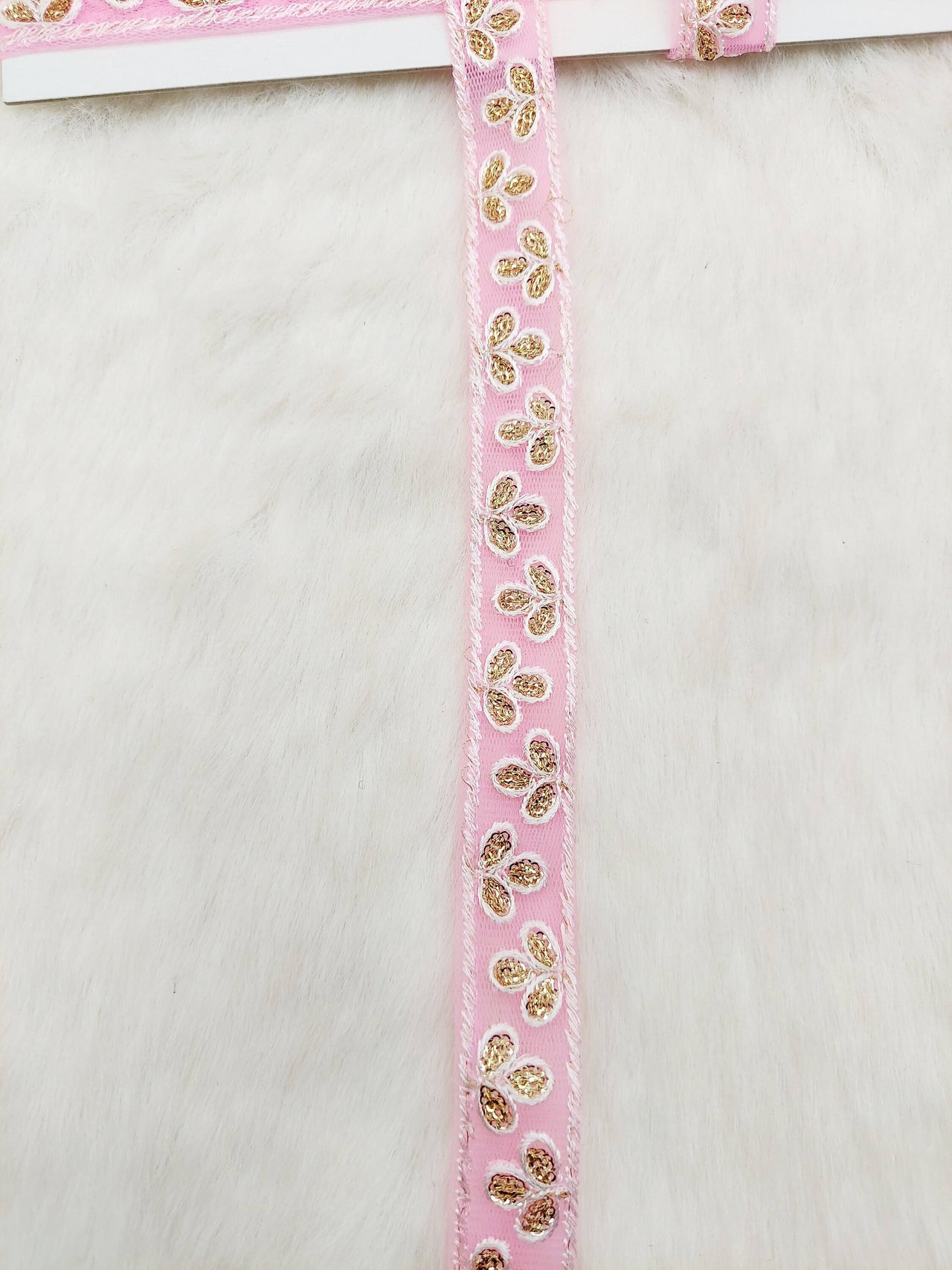 Wholesale Pink Net Lace Floral Embroidery & Glitter Gold Sequins, Indian Wedding Border, Gifting Ribbon Costume Trim Fashion Trimming
