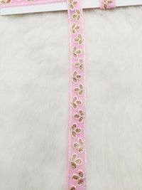Thumbnail for Wholesale Pink Net Lace Floral Embroidery & Glitter Gold Sequins, Indian Wedding Border, Gifting Ribbon Costume Trim Fashion Trimming