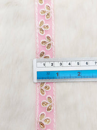 Thumbnail for Wholesale Pink Net Lace Floral Embroidery & Glitter Gold Sequins, Indian Wedding Border, Gifting Ribbon Costume Trim Fashion Trimming