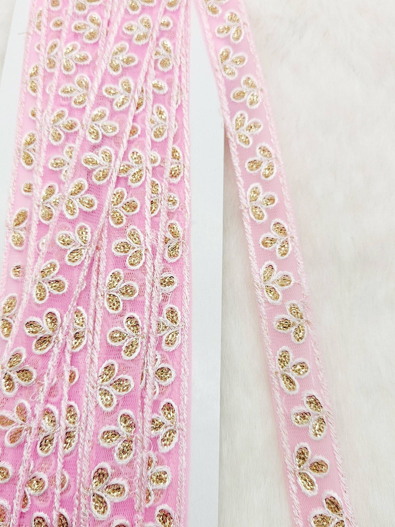 Wholesale Pink Net Lace Floral Embroidery & Glitter Gold Sequins, Indian Wedding Border, Gifting Ribbon Costume Trim Fashion Trimming