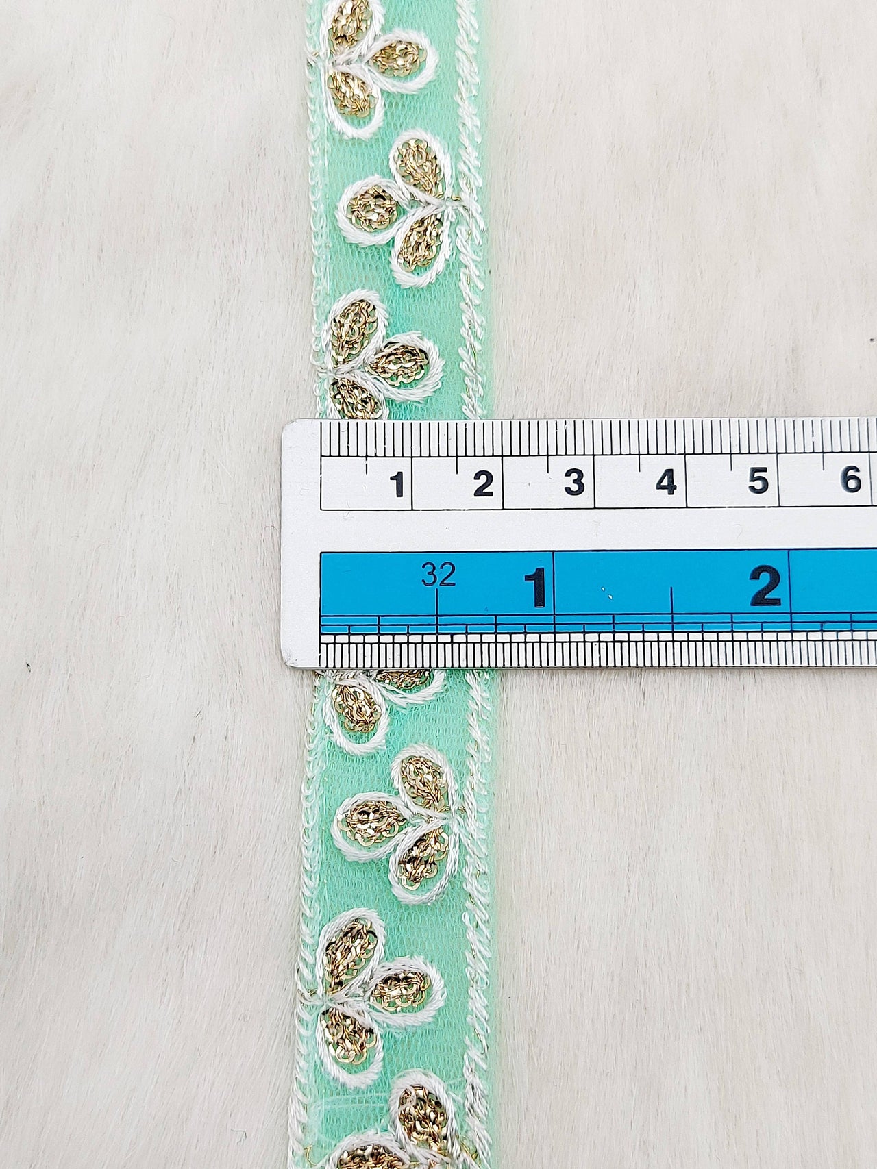 Wholesale Mint Green Net Lace Floral Embroidery & Glitter Gold Sequins, Indian Wedding Border, Gifting Ribbon Costume Trim Fashion Trimming