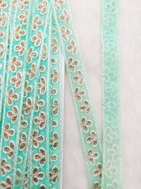 Thumbnail for Wholesale Mint Green Net Lace Floral Embroidery & Glitter Gold Sequins, Indian Wedding Border, Gifting Ribbon Costume Trim Fashion Trimming