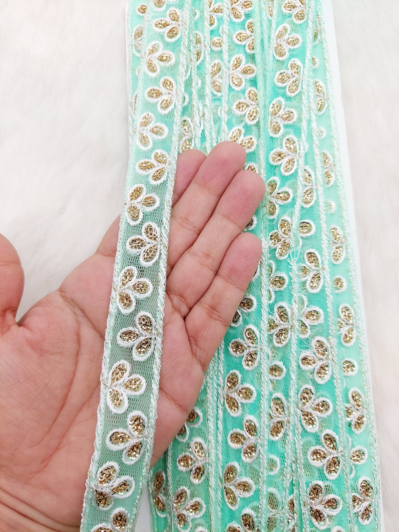 Wholesale Mint Green Net Lace Floral Embroidery & Glitter Gold Sequins, Indian Wedding Border, Gifting Ribbon Costume Trim Fashion Trimming