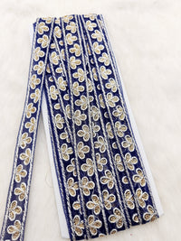 Thumbnail for Wholesale Navy Blue Net Lace Floral Embroidery & Glitter Gold Sequins, Indian Wedding Border, Gifting Ribbon Costume Trim Fashion Trimming
