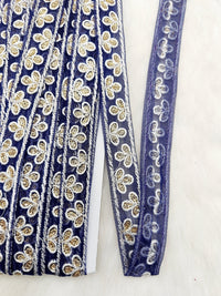 Thumbnail for Wholesale Navy Blue Net Lace Floral Embroidery & Glitter Gold Sequins, Indian Wedding Border, Gifting Ribbon Costume Trim Fashion Trimming