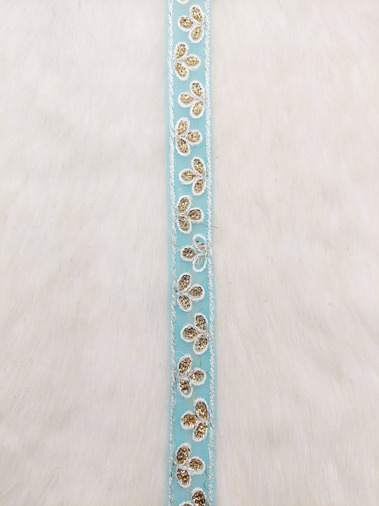 Wholesale Sky Blue Net Lace Floral Embroidery & Glitter Gold Sequins, Indian Wedding Border, Gifting Ribbon Costume Trim Fashion Trimming