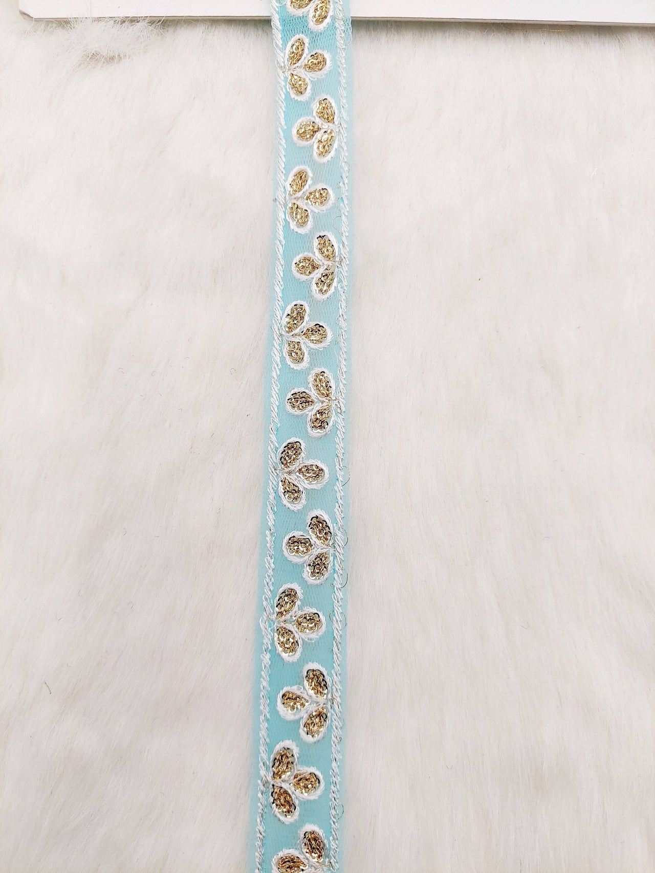 Wholesale Sky Blue Net Lace Floral Embroidery & Glitter Gold Sequins, Indian Wedding Border, Gifting Ribbon Costume Trim Fashion Trimming