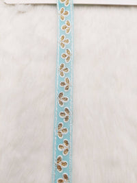 Thumbnail for Wholesale Sky Blue Net Lace Floral Embroidery & Glitter Gold Sequins, Indian Wedding Border, Gifting Ribbon Costume Trim Fashion Trimming